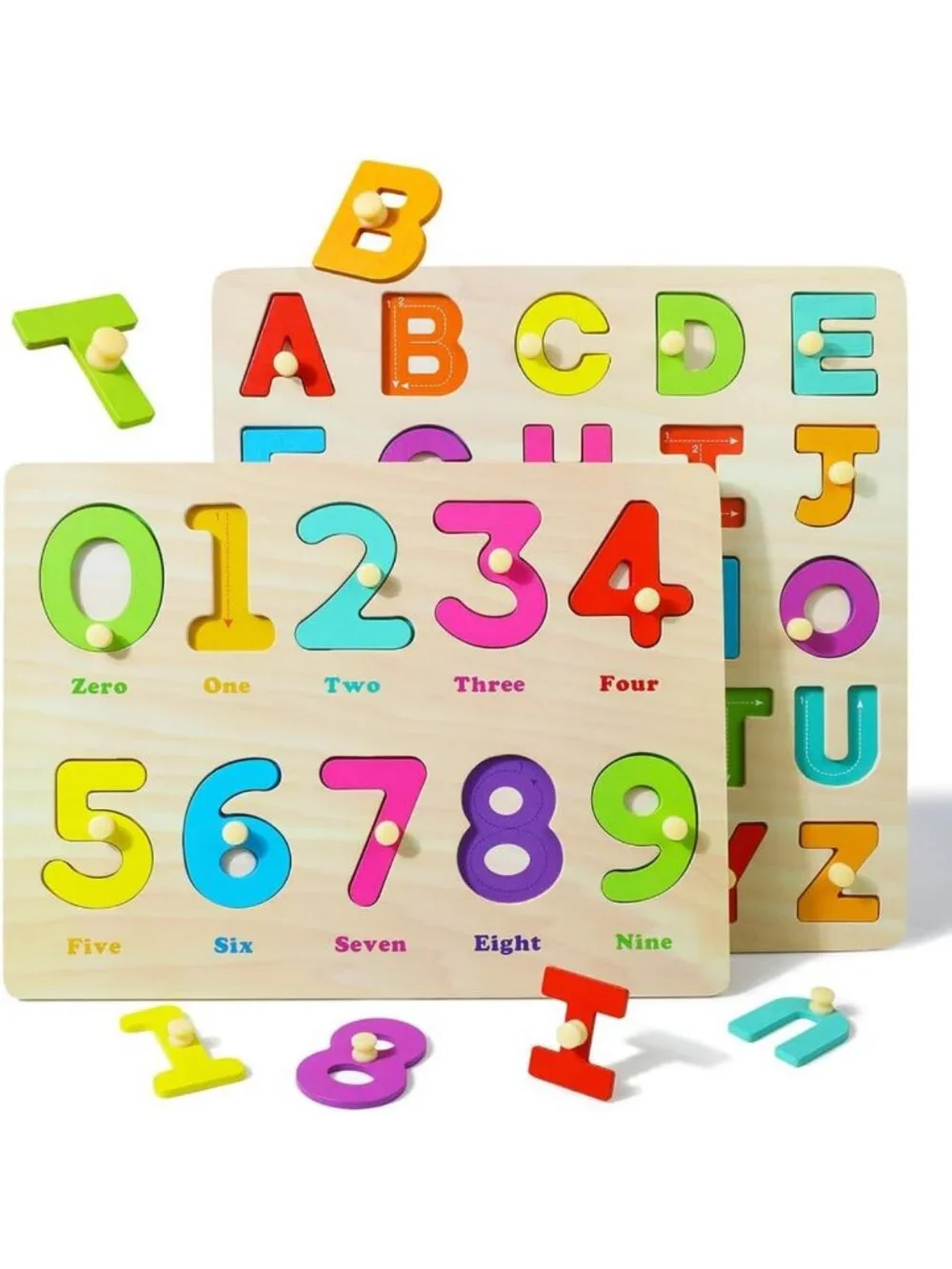 Wooden Alphabet & Number Peg Puzzle for Toddlers 2-4, Educational Learning Toy